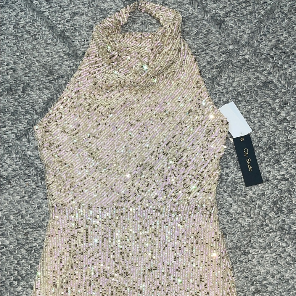 City Studio Halter Glittering Gold Cocktail Dress - Picture 3 of 5